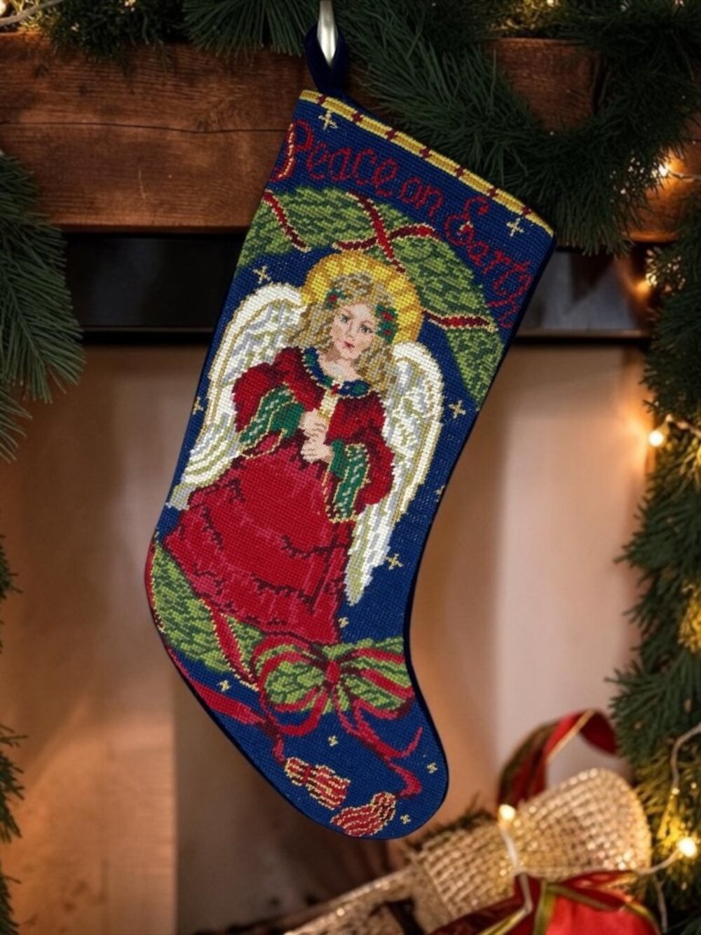 Peace on Earth Angel Christmas Stocking Wool Needlepoint Navy Velveteen Back 18"